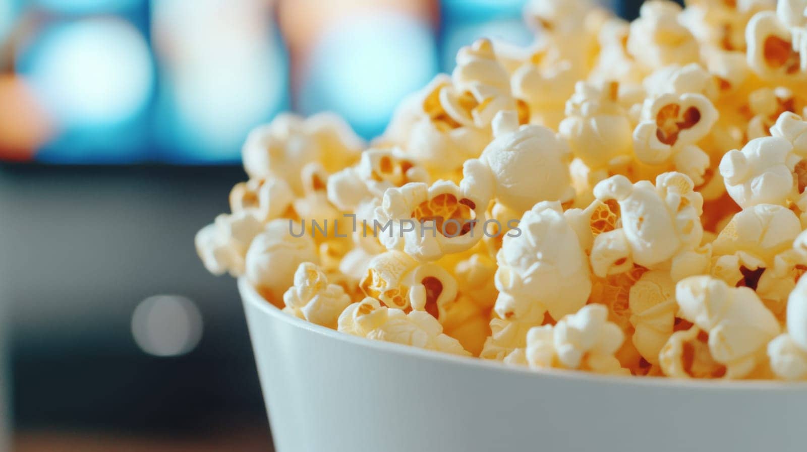 Popcorn in paper bucket on table with blurred TV screen in background, weekend home party, AI Generated