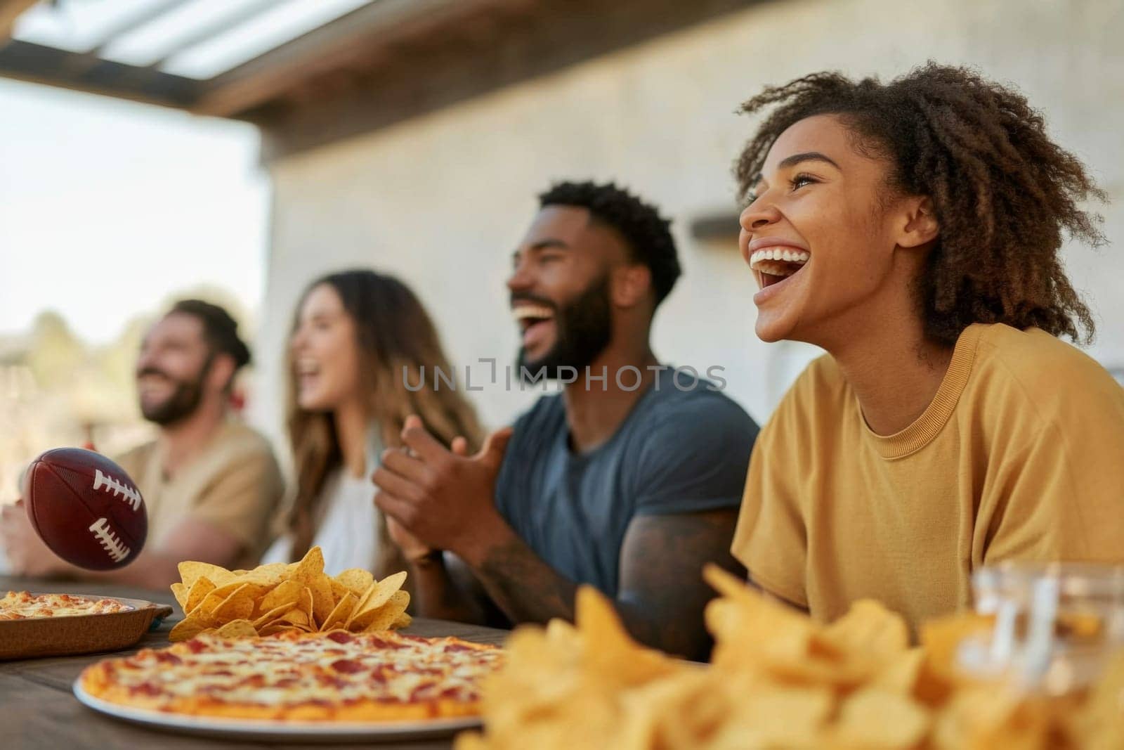 Friends watching Super Bowl football game eating snacks together at home, AI generated