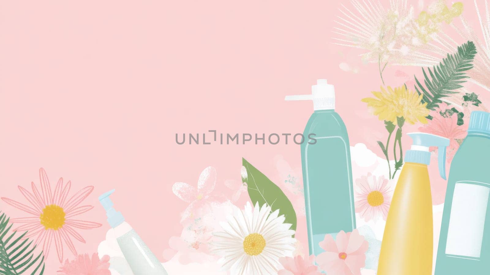 Bottles with spray and flowers on white background for spring cleaning concept, AI Generated