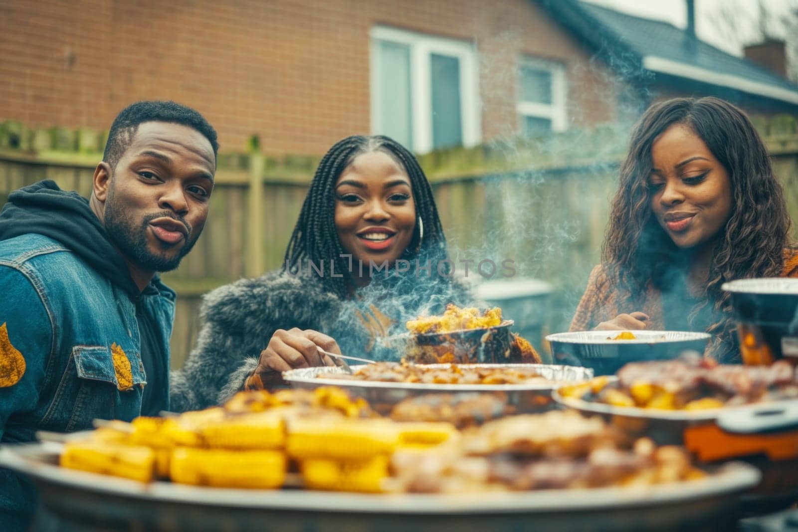 Family gathered for outdoor autumn feast with roasted turkey, enjoying food, AI Generated