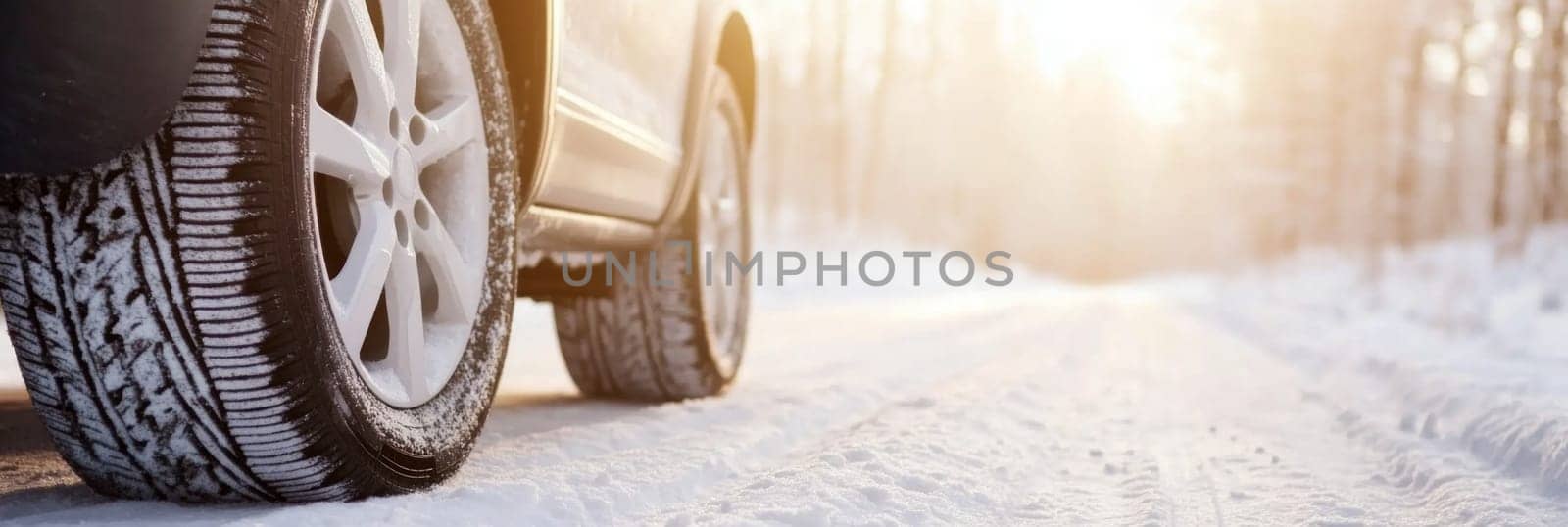 Car on snowy forest road with sunlight, winter tires replacing service concept, copy space banner background, AI Generated