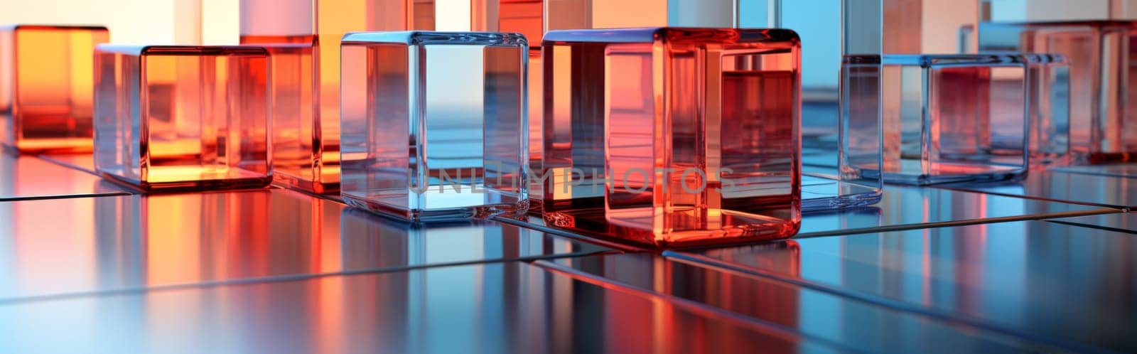 Abstract background of reflective neon purple, blue and orange glass cubes with copy space, AI generated