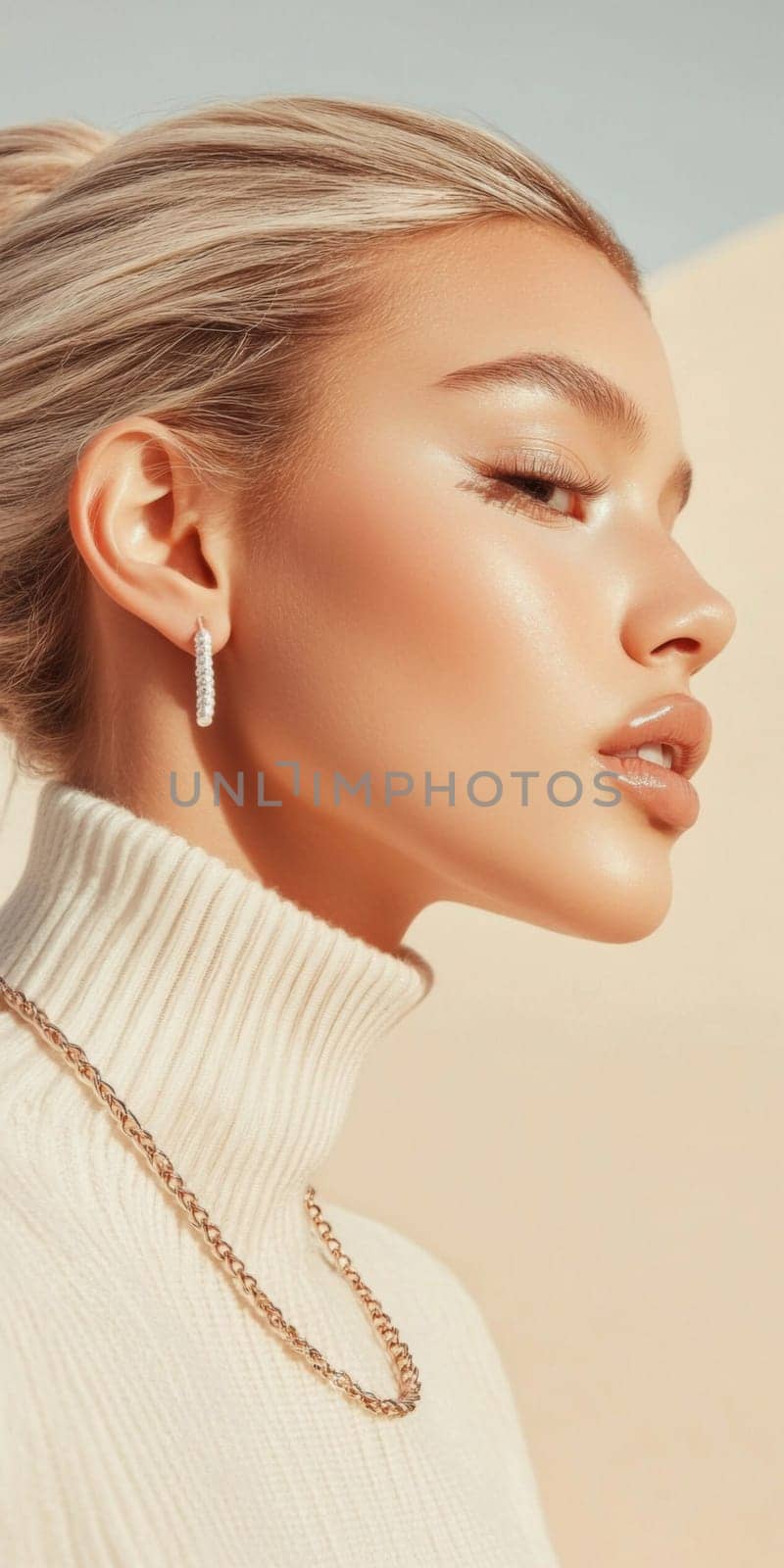 Young woman in profile with closed eyes wearing white turtleneck, background, AI generated