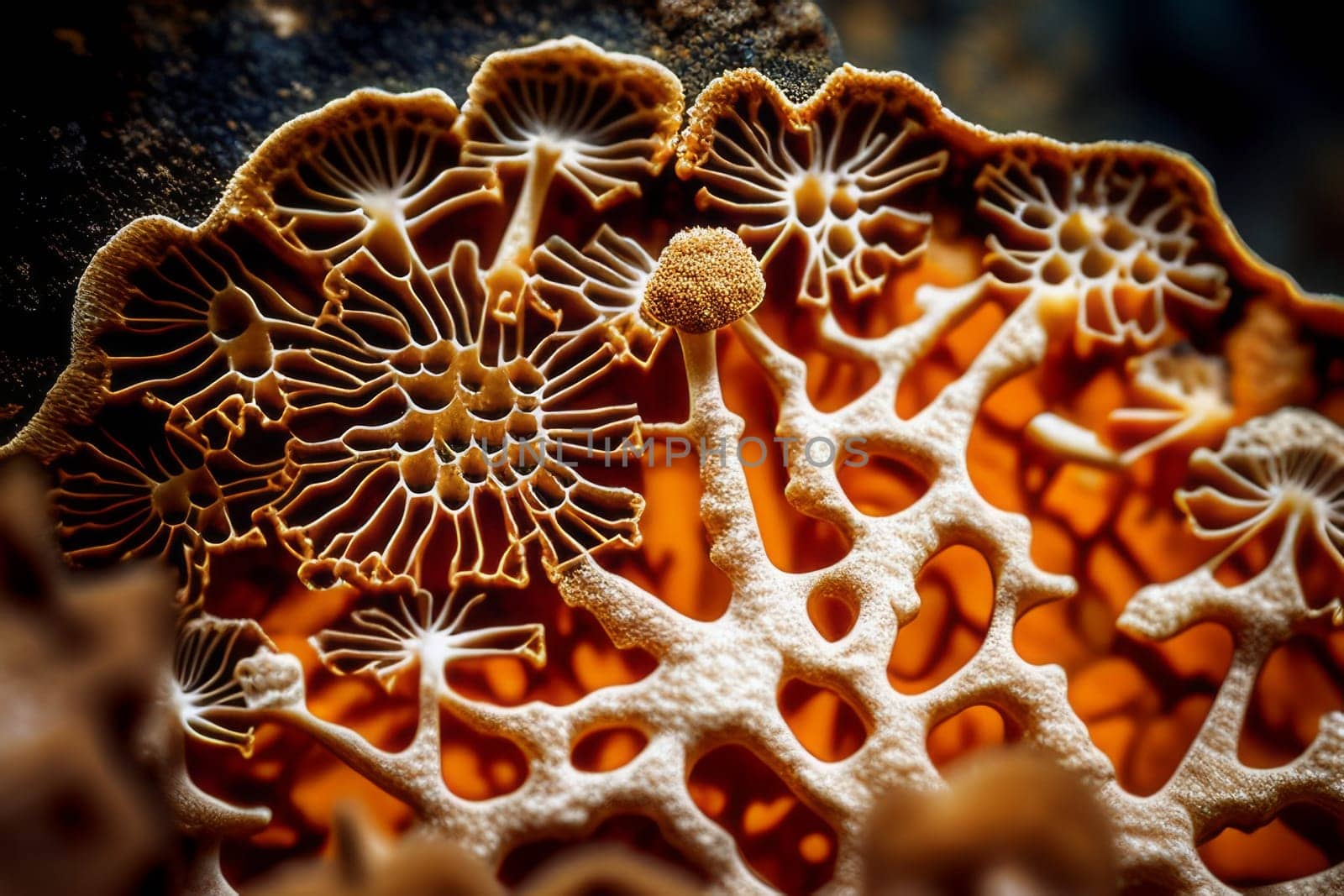 Natural fungus mycelium network texture closeup. Filaments of fungi microorganisms microscopy. AI Generative content