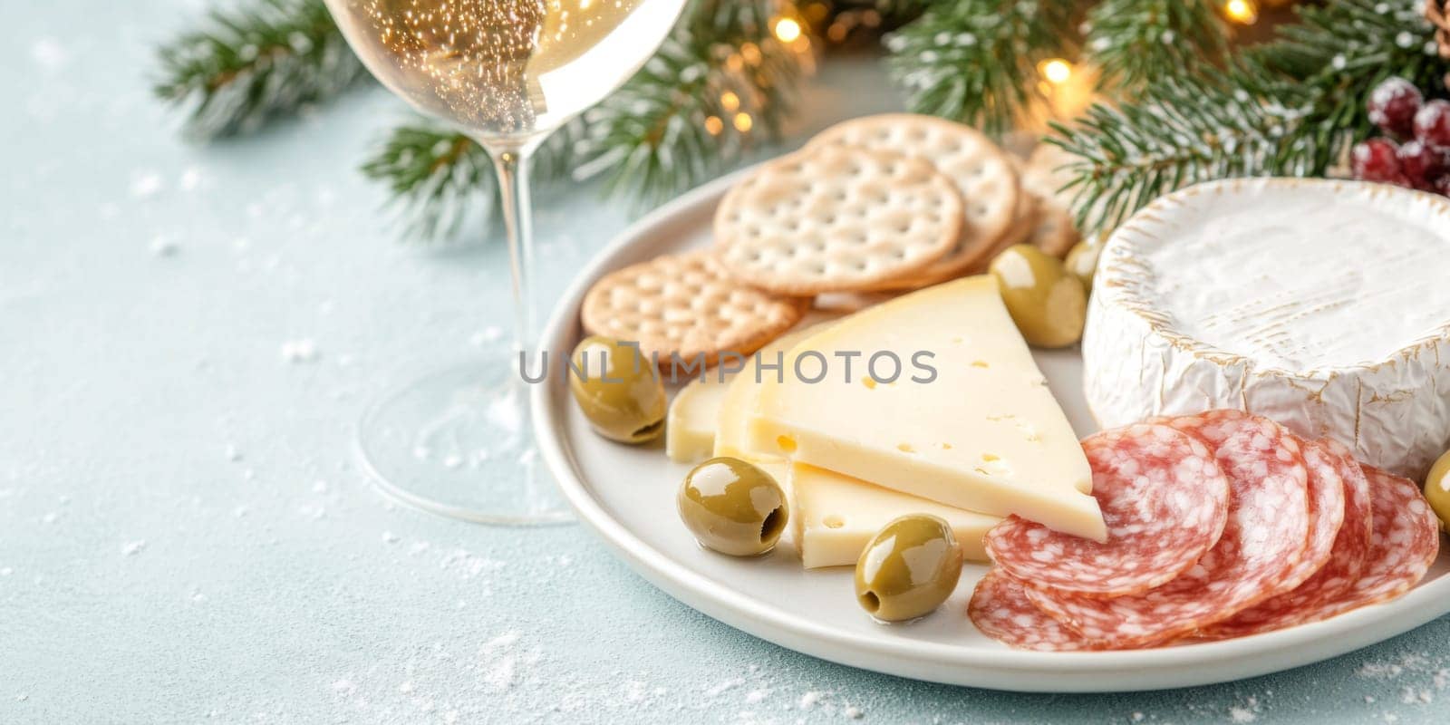 Christmas or New Year holiday charcuterie platter with cheeses, salami, grapes, olives on board, festive background, copy space, AI generated