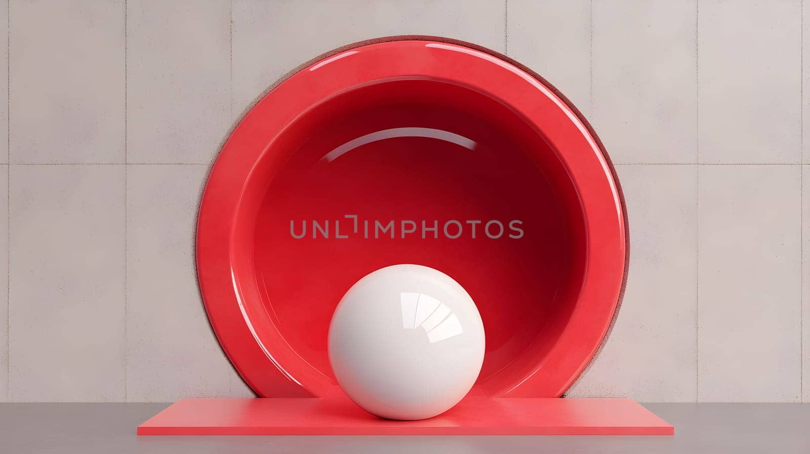 A vibrant red bowl sits against a pale background, showcasing a smooth white sphere positioned on a matching red base. This arrangement emphasizes simplicity and color contrast.