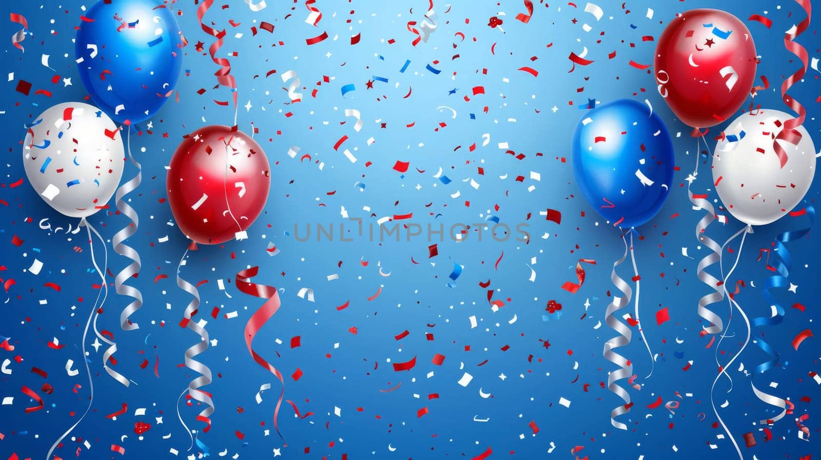 A festive background with balloons, streamers, and confetti in patriotic colors, perfect for celebrating the Fourth of July in style and adding a touch of fun to your festivities