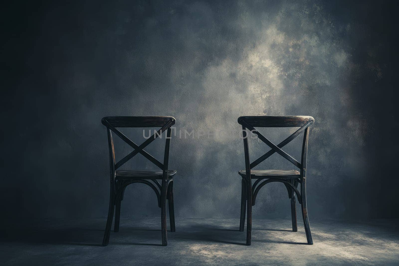 Two vintage wooden chairs in a minimalist setting with dramatic lighting against a textured background, ideal for artistic and interior design themes.