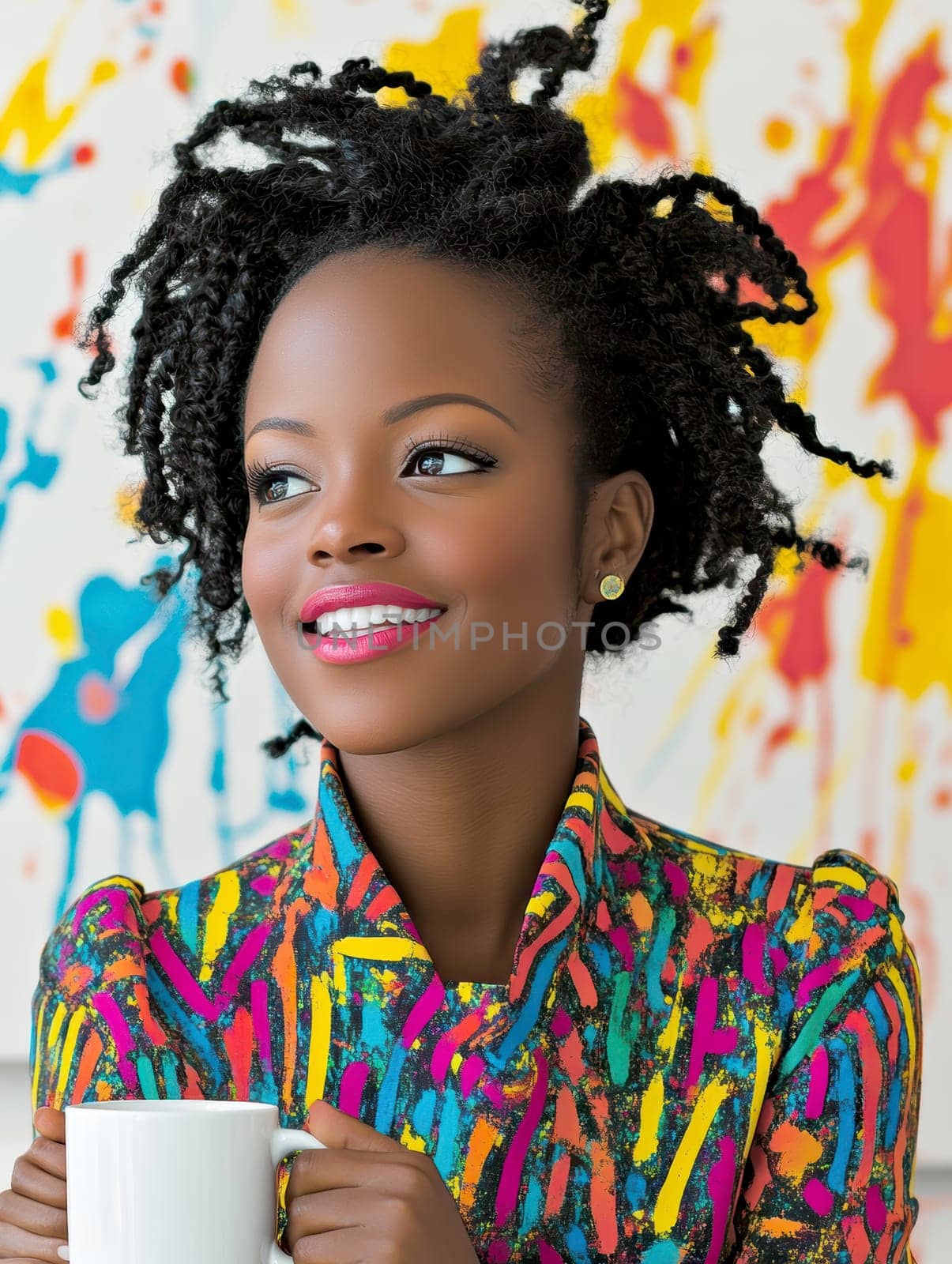Smiling woman with white coffee mug in hand on pastel background. AI generative.