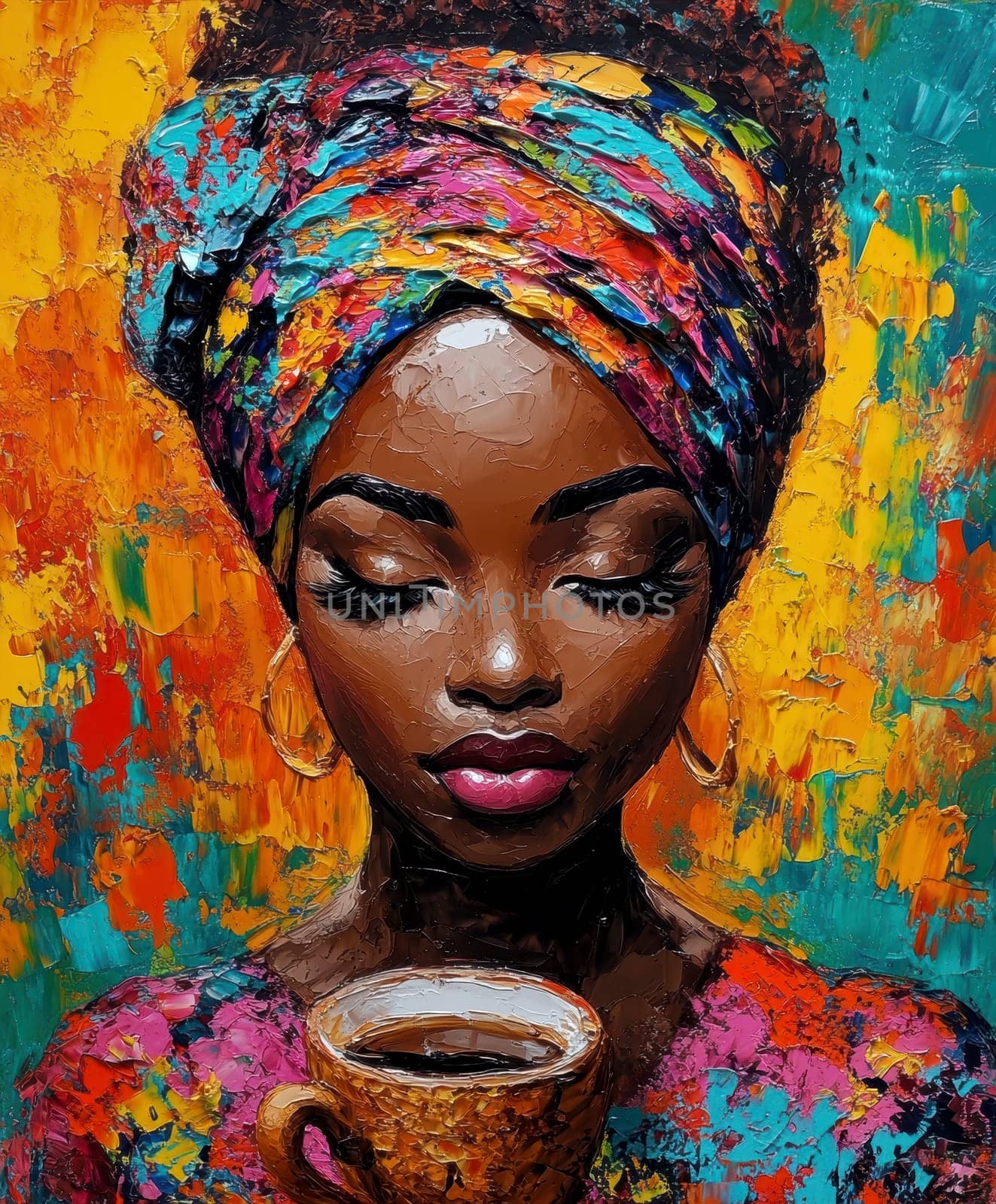 Beautiful African-American woman with an elaborate scarf on her head, holding a cup of coffee in her hand. AI generative.
