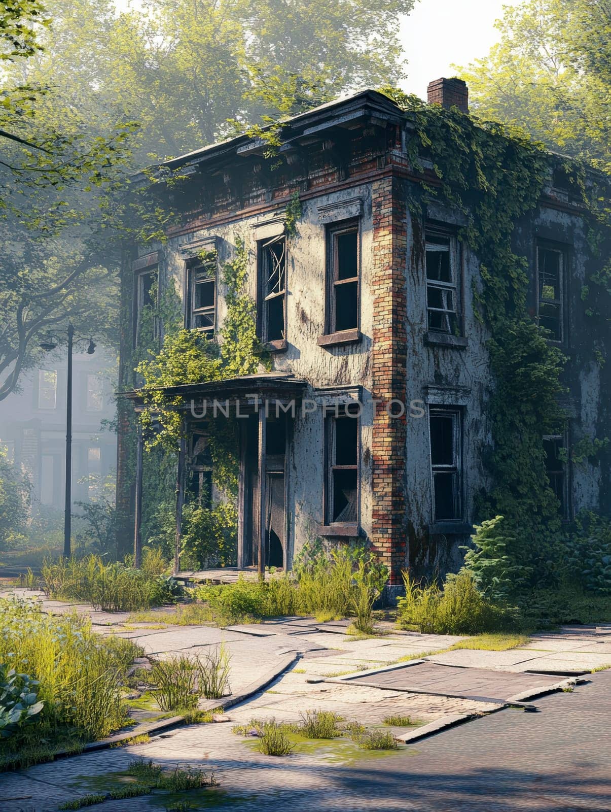 Photos of abandoned,ghostly buildings standing in the woods. AI generative.