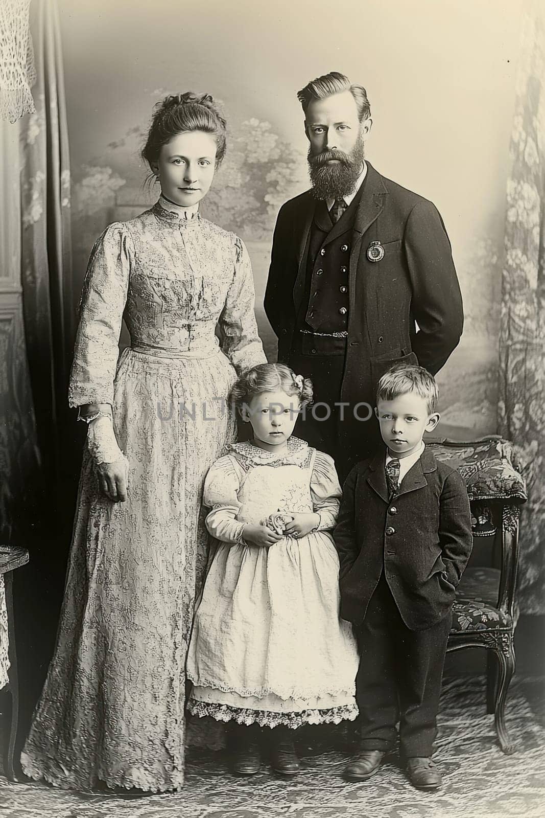 Victorian-era family posing for a formal portrait. AI generative.