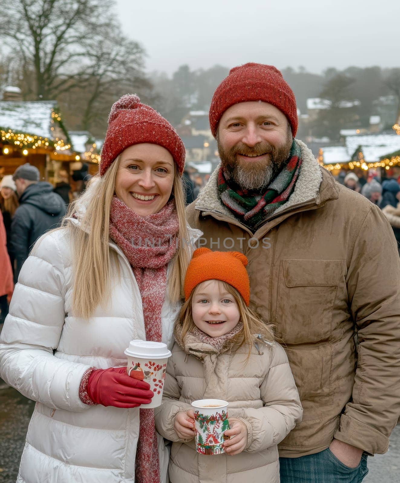 family at Christmas market. AI generative.