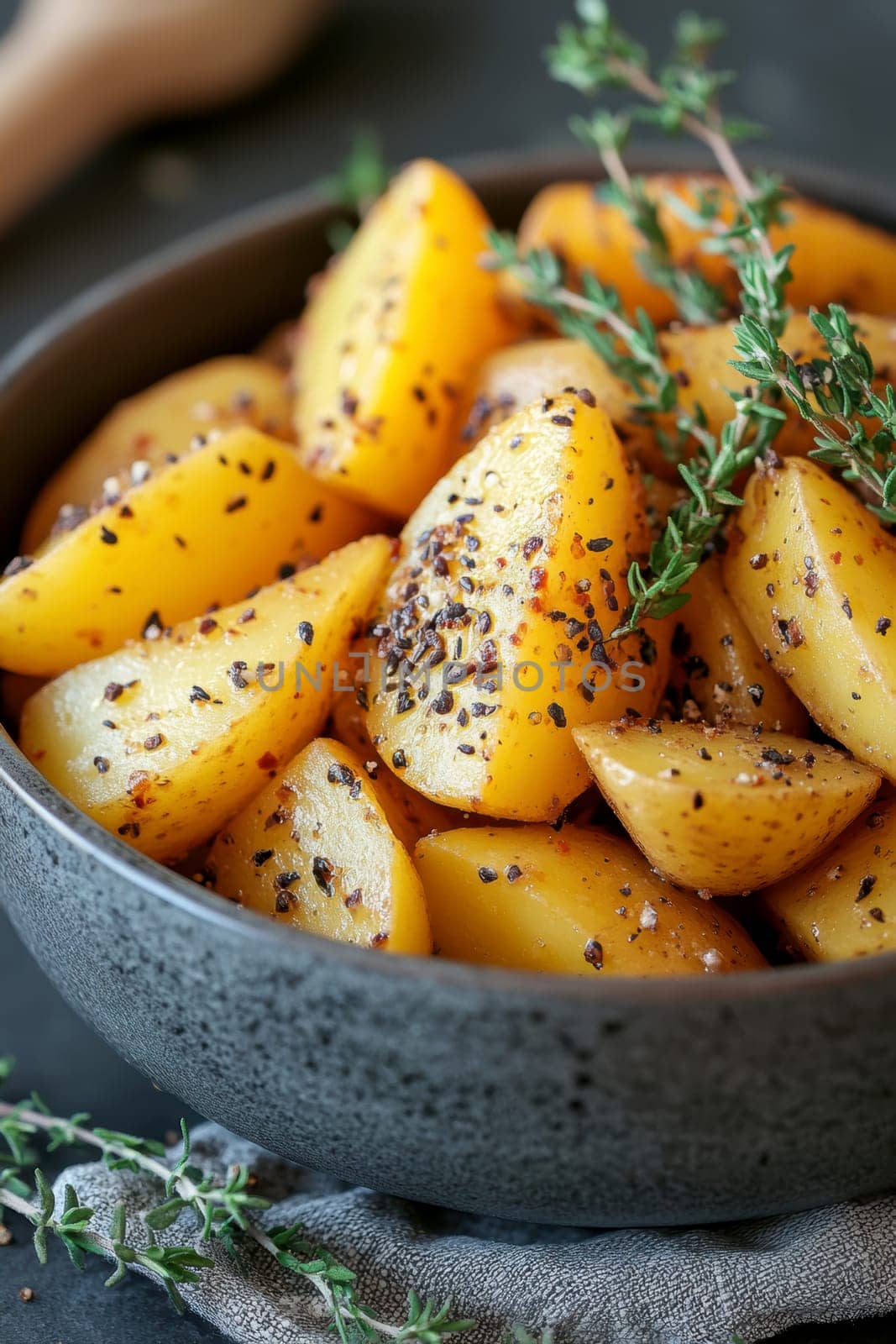 Greek potatoes with herbs. AI generative.