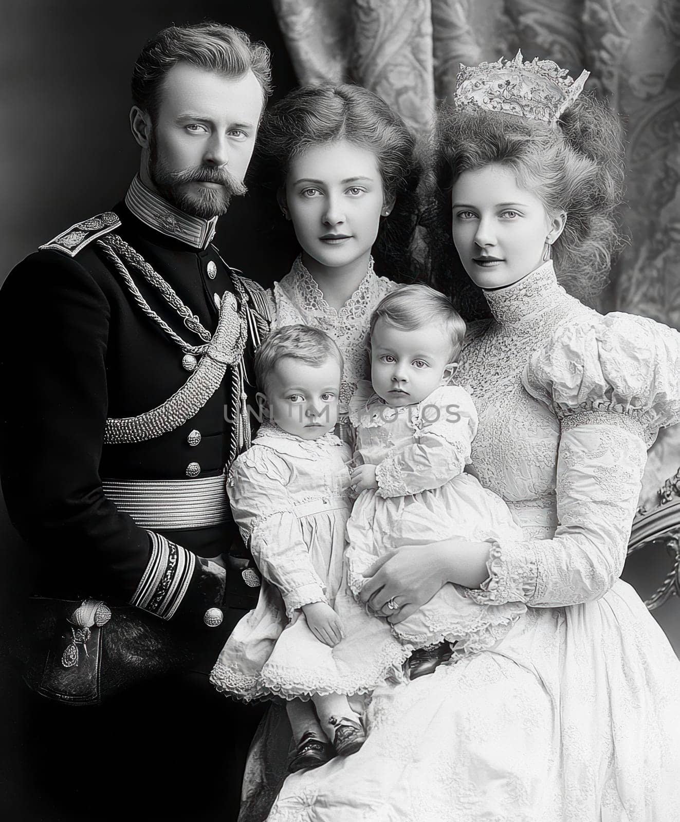 Victorian-era family posing for a formal portrait. AI generative.