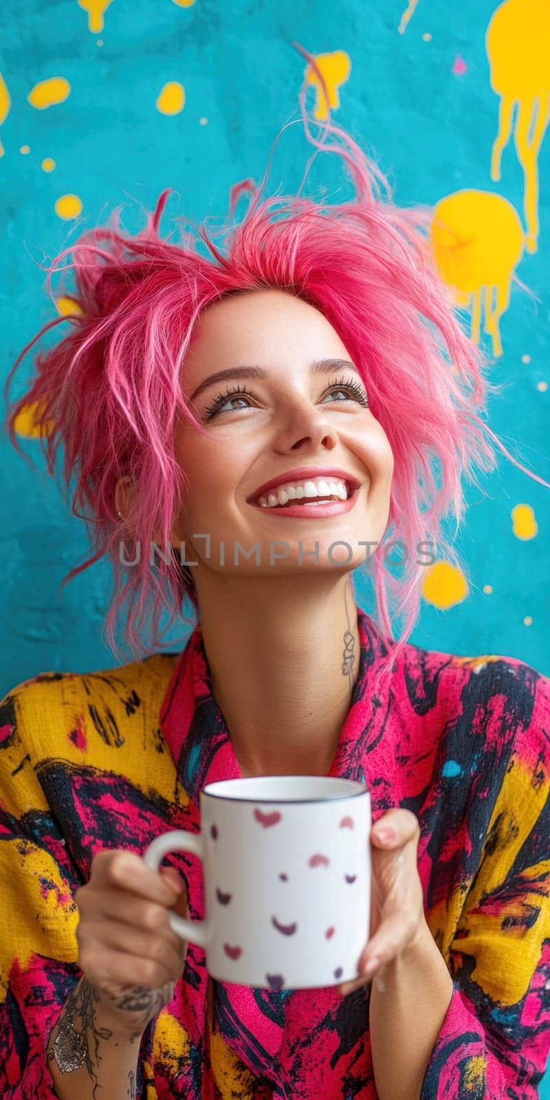 Smiling woman with white coffee mug in hand on pastel background. AI generative.