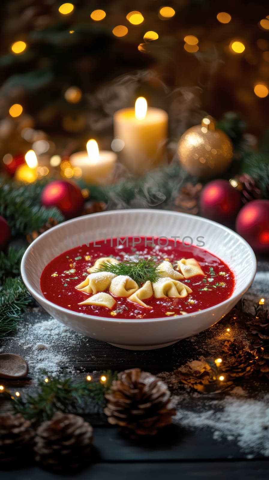 Polish Red Beetroot Borscht with ravioli on the Christmas Eve table AI generative