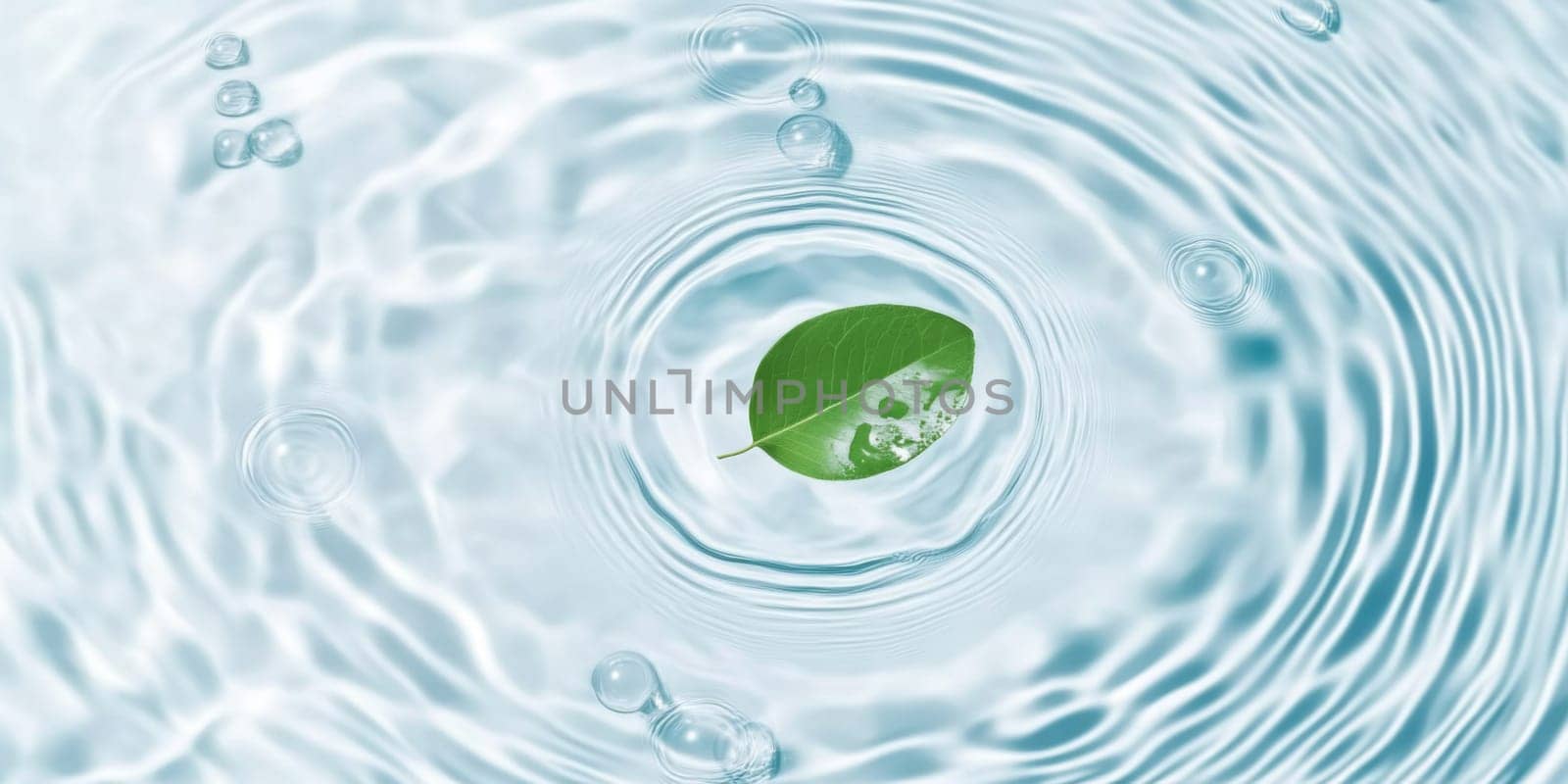 A green leaf floating on water showing ripples and bubbles, suitable as SPA background, AI generated