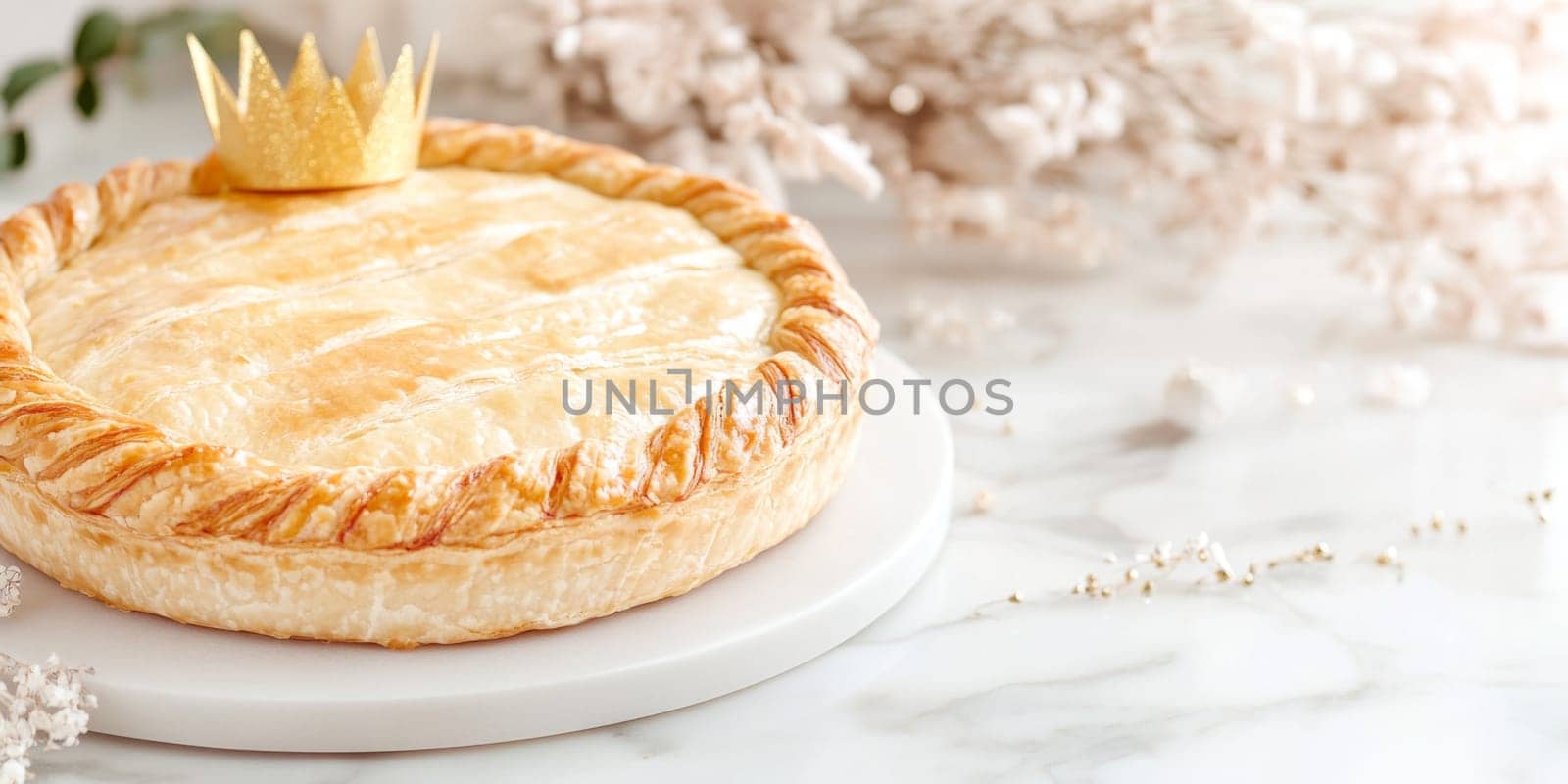 Three kings holiday festive cake topped with golden paper crown on a table, background, AI generated