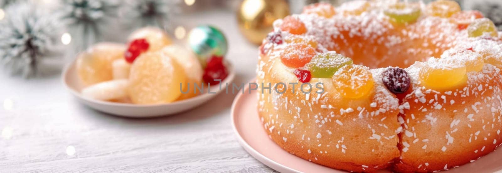 Three kings holiday festive fruitcake topped with colorful candied fruits on a table, background, AI generated