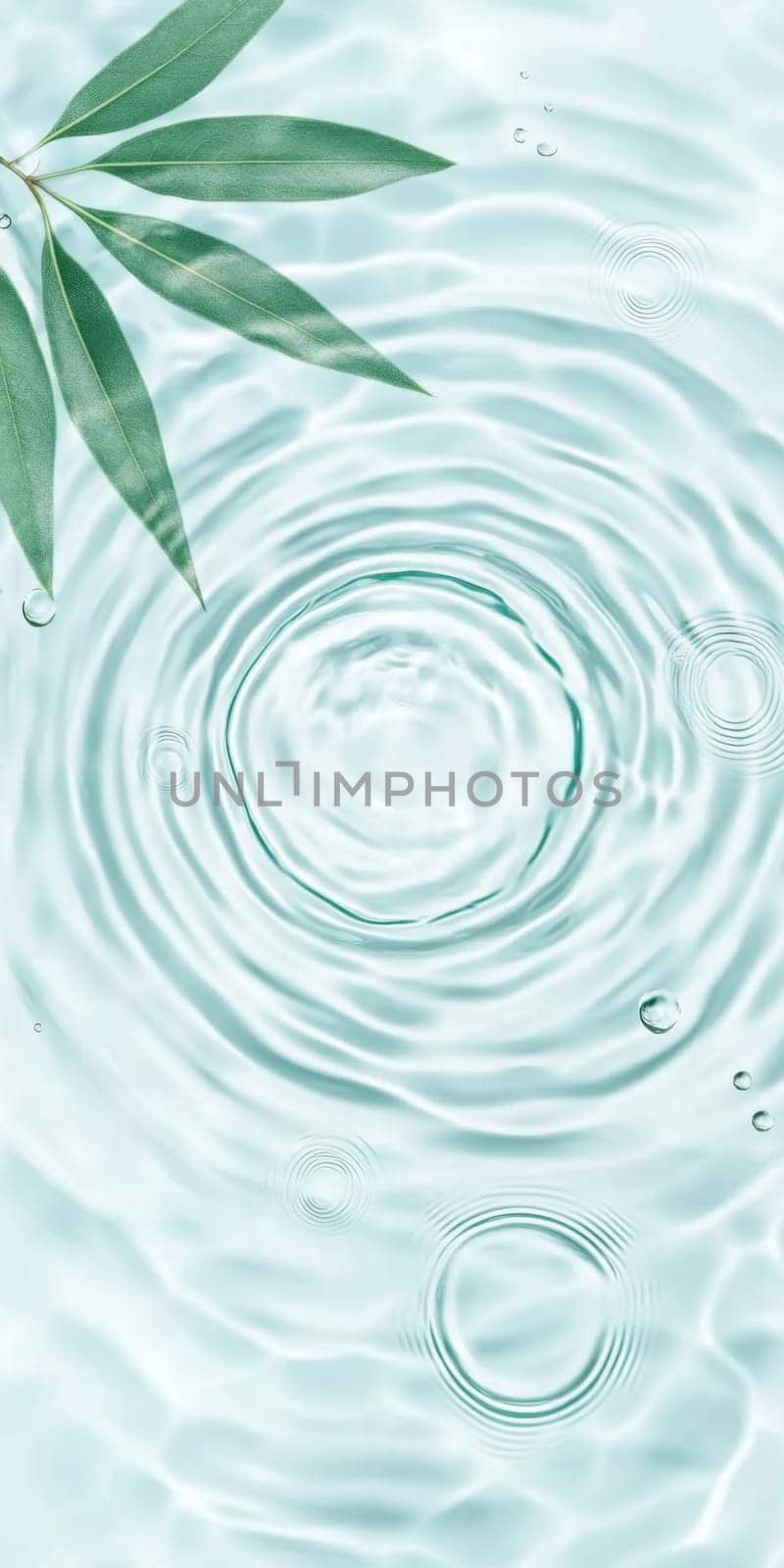 A green leaf floating on water showing ripples and bubbles, suitable as SPA background, AI generated