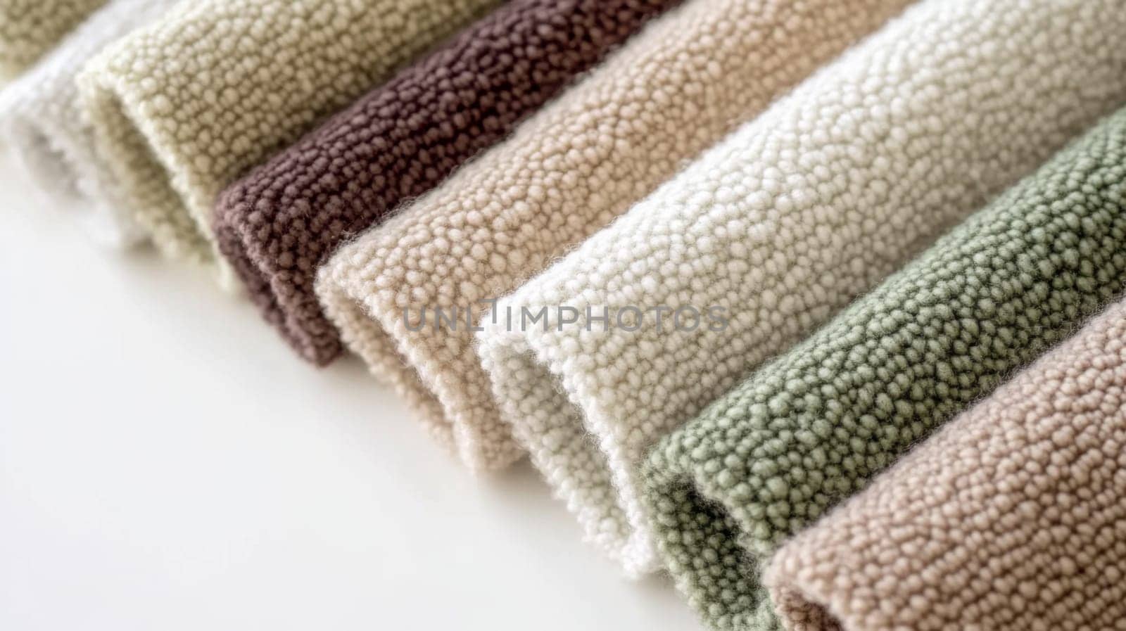 Boucle Fabric samples in various neutral colors close up arranged, texture detail, interior design palette background, AI generated