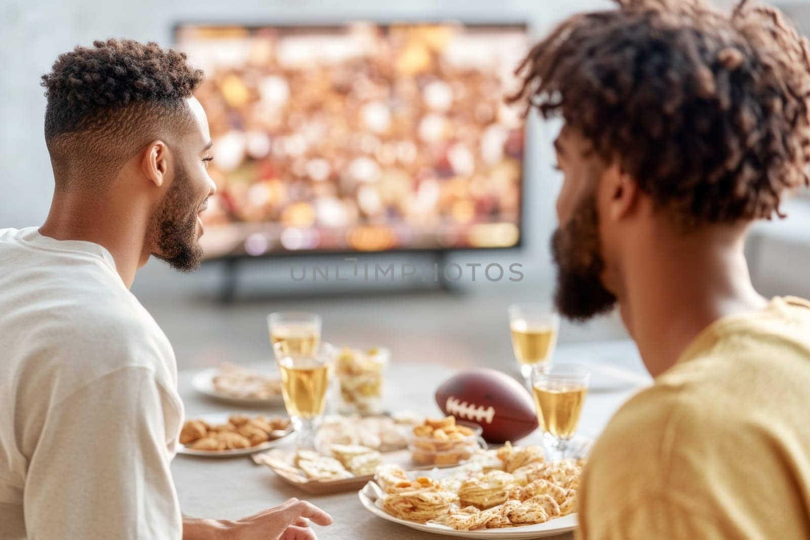 Friends watching Super Bowl football game eating snacks together at home, AI generated