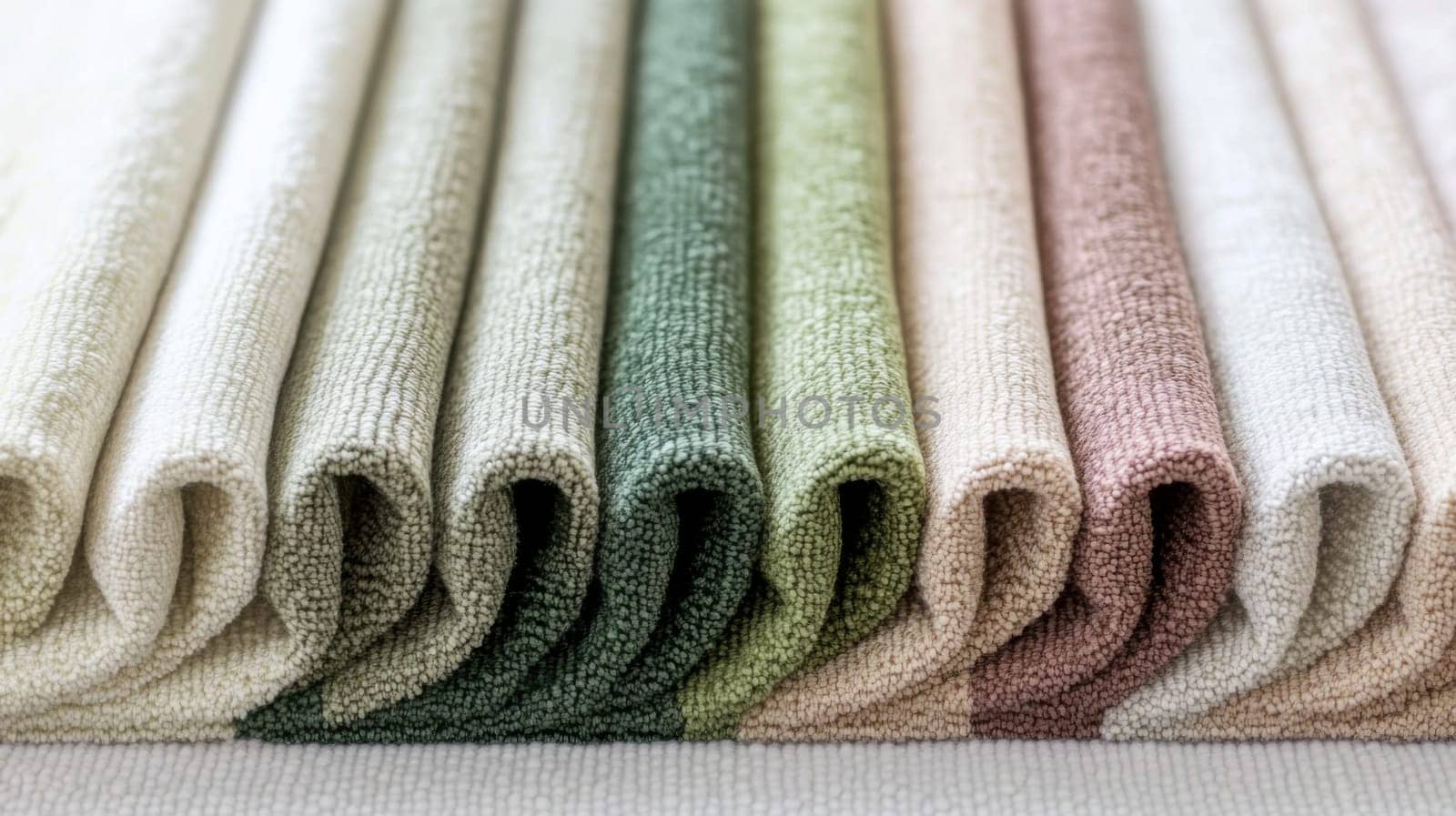 Chenille Fabric samples in various neutral colors close up arranged, texture detail, interior design palette background, AI Generated