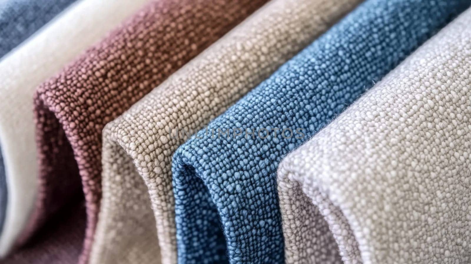 Boucle Fabric samples in various neutral colors close up arranged, texture detail, interior design palette background, AI generated