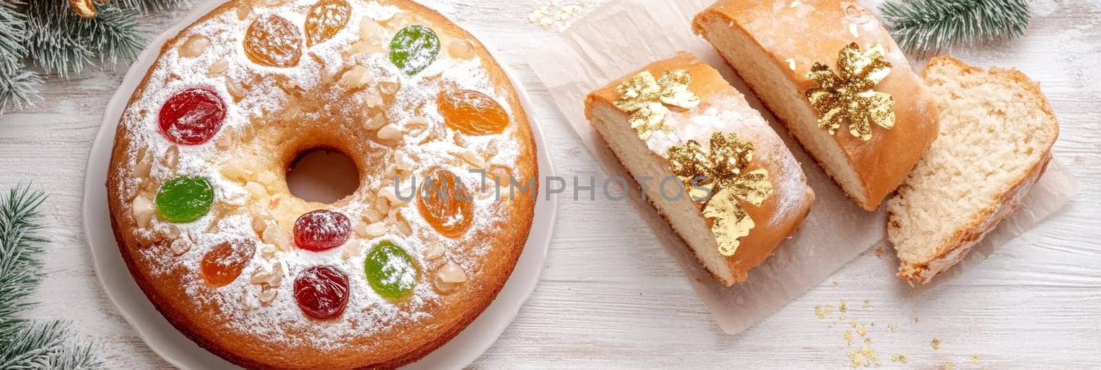 Three kings holiday festive fruitcake topped with colorful candied fruits on a table, background, AI generated