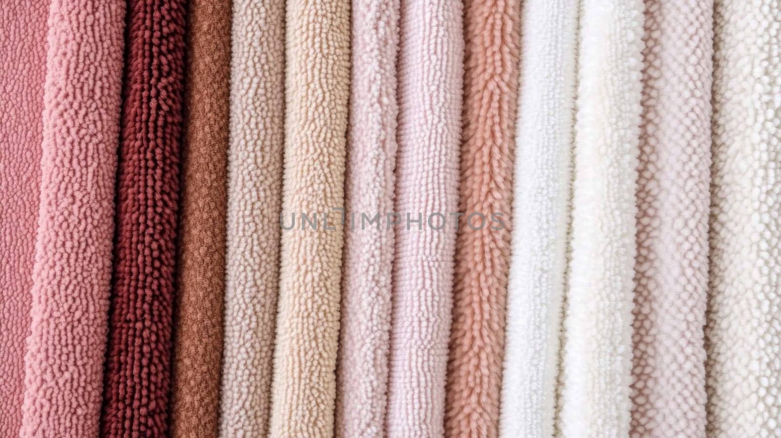 Chenille Fabric samples in various neutral colors close up arranged, texture detail, interior design palette background, AI Generated