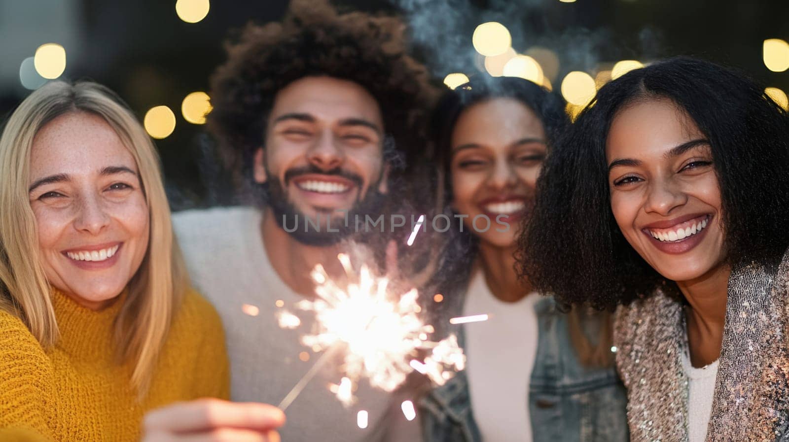 Group of multiracial adults celebrating New Year with sparklers outdoors, joyful winter scene, AI generated