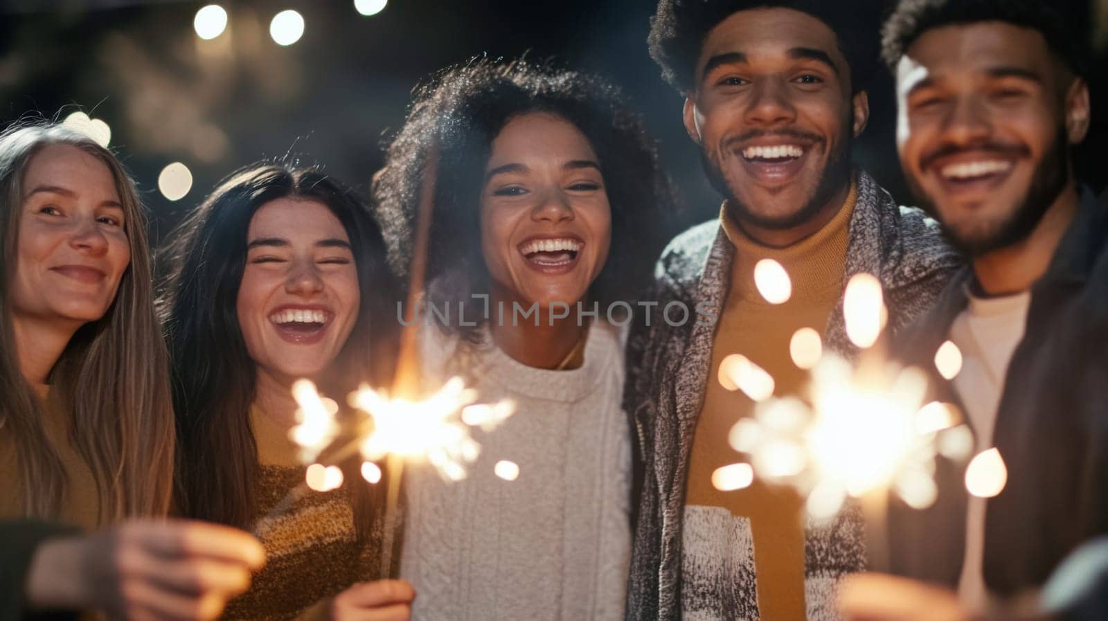 Group of multiracial adults celebrating New Year with sparklers outdoors, joyful winter scene, AI generated