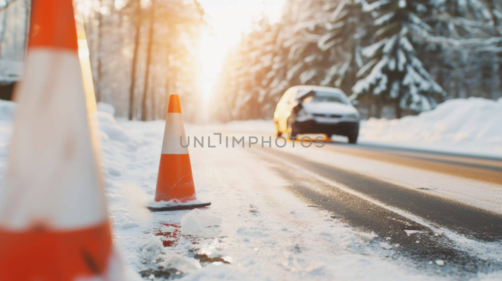 Orange traffic cone in foreground on snowy road with car accident, concept of safety on the winter roads, AI Generated
