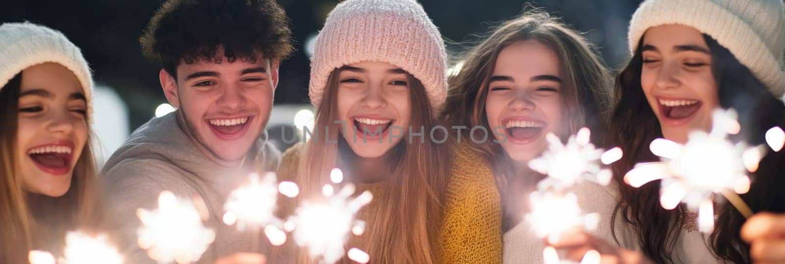Group of young adults celebrating New Year with sparklers outdoors, joyful winter scene, AI generated