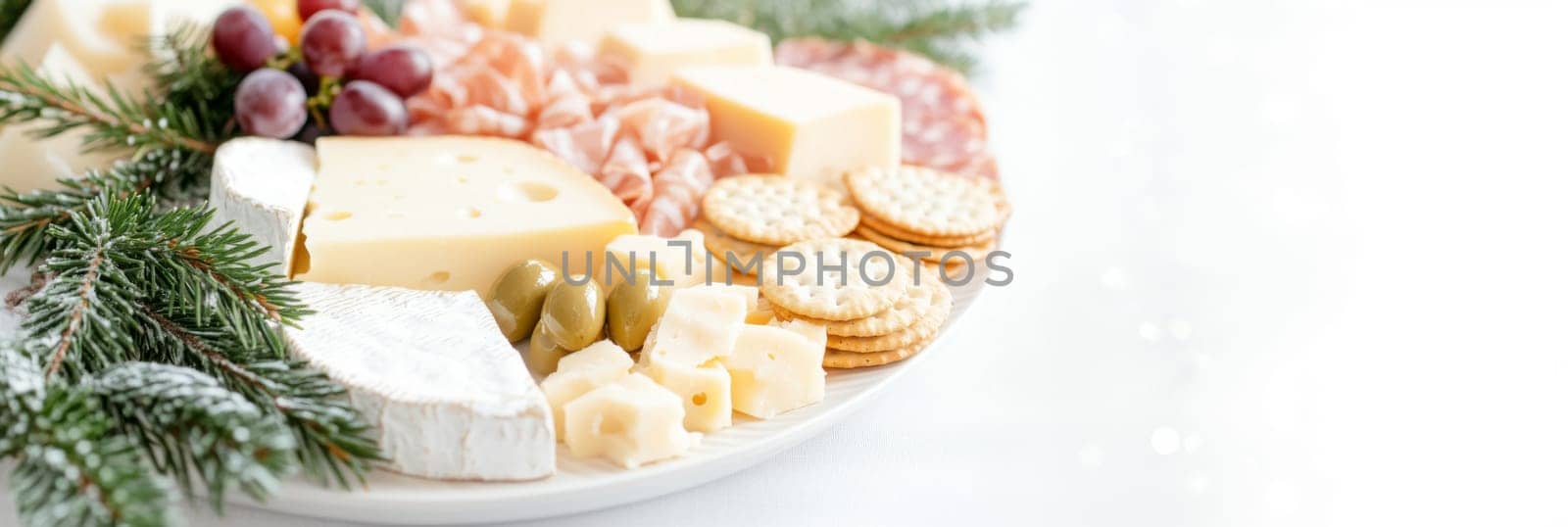 Christmas or New Year holiday charcuterie platter with cheeses, salami, grapes, olives on board, festive background, copy space, AI generated