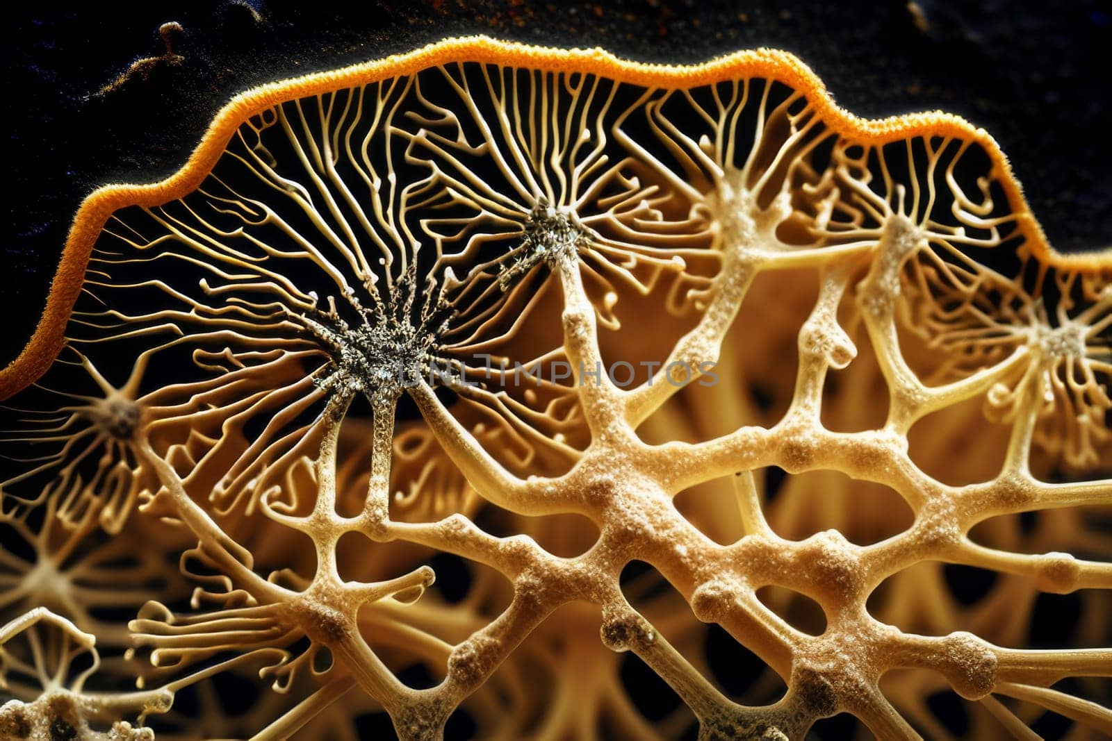 Natural fungus mycelium network texture closeup. Filaments of fungi microorganisms microscopy. AI Generative content