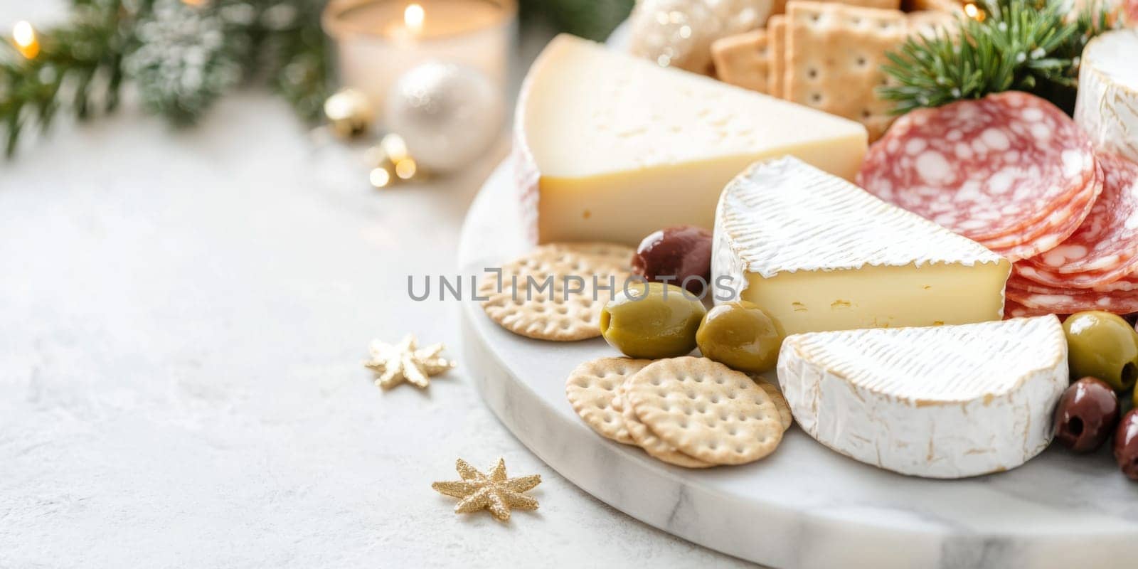 Christmas or New Year holiday charcuterie platter with cheeses, salami, grapes, olives on board, festive background, copy space, AI generated