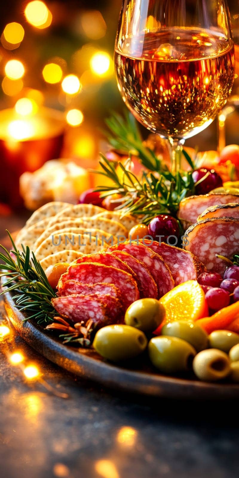 Festive charcuterie board with assorted cheeses and meats on rustic table, background, AI generated