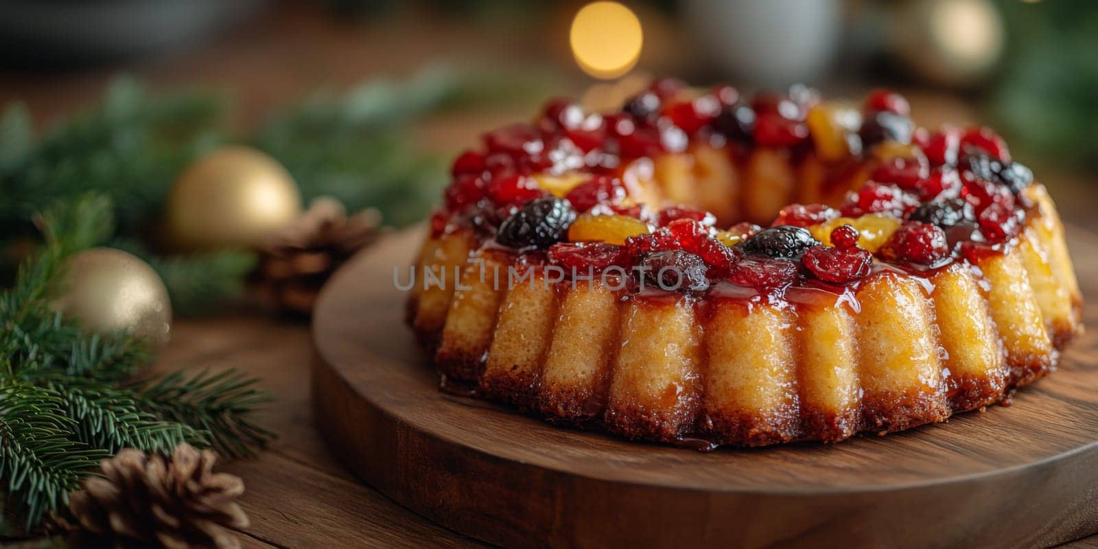 Bundt cake topped with colorful jelly candies on festive table, AI Generated