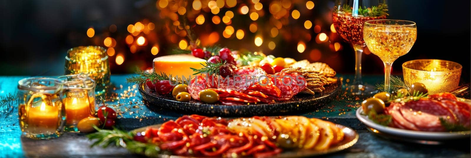 Festive charcuterie board with assorted cheeses and meats on rustic table, background, AI generated