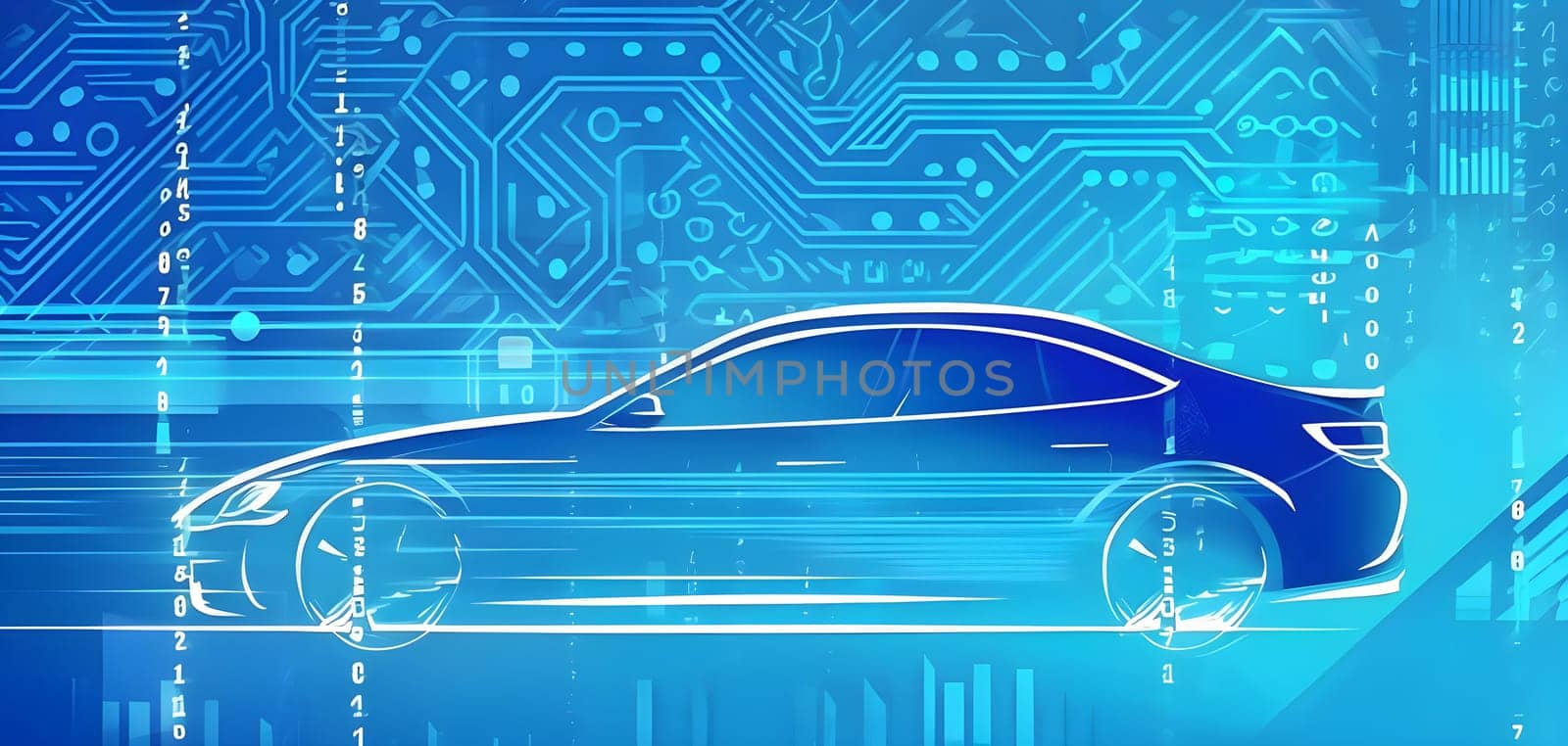 sport car silhouette with vibrant dynamic lines showing motion, surrounded by data streams