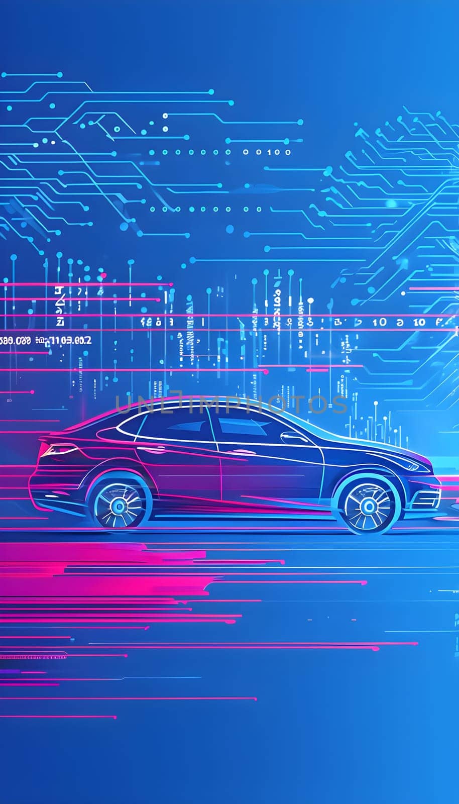 sport car silhouette with vibrant dynamic lines showing motion, surrounded by data streams
