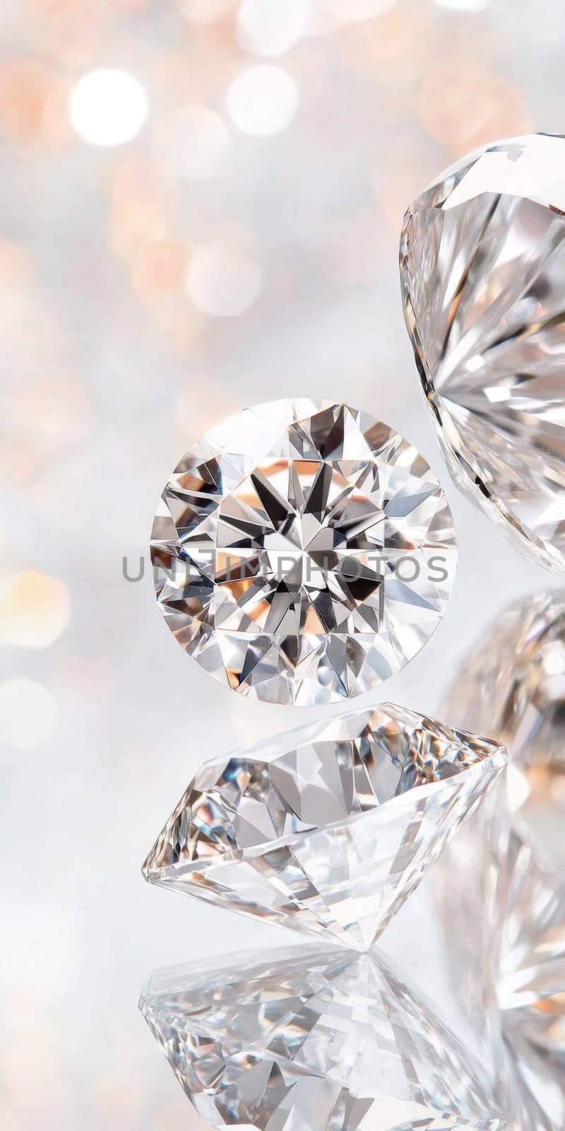 Diamonds with sparkling facets on bokeh background, concept of luxury and elegance, AI generated