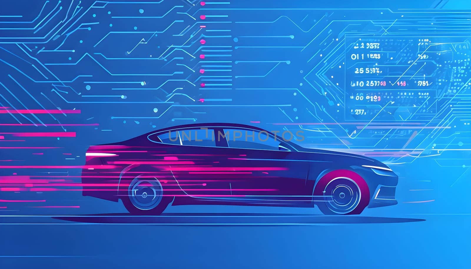 sport car silhouette with vibrant dynamic lines showing motion, surrounded by data streams