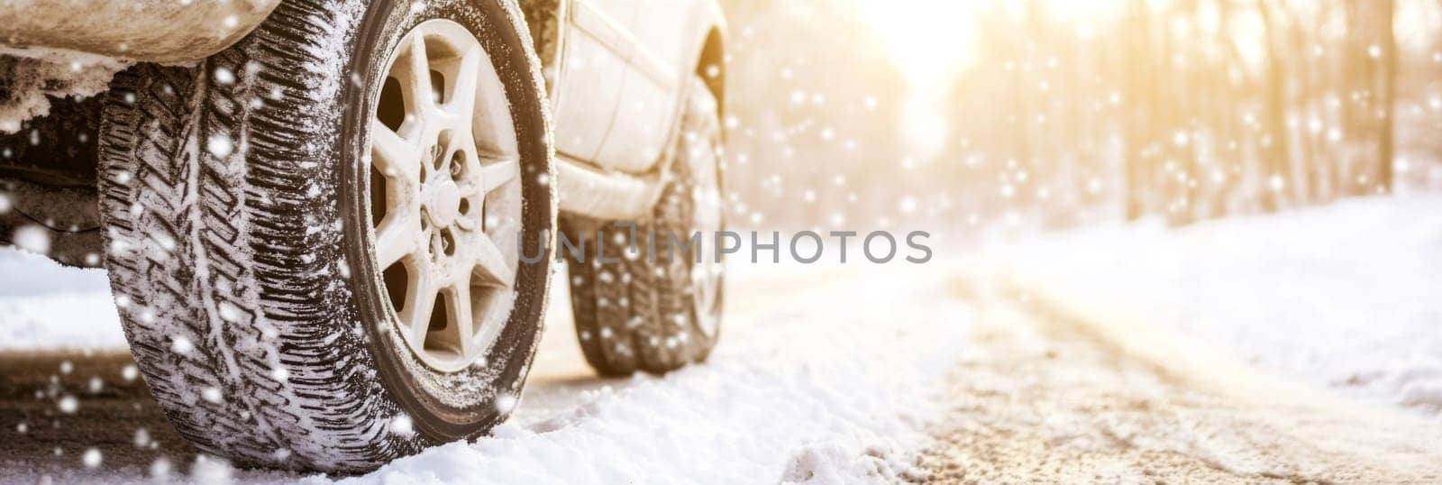 Car on snowy forest road with sunlight, winter tires replacing service concept, copy space banner background, AI Generated