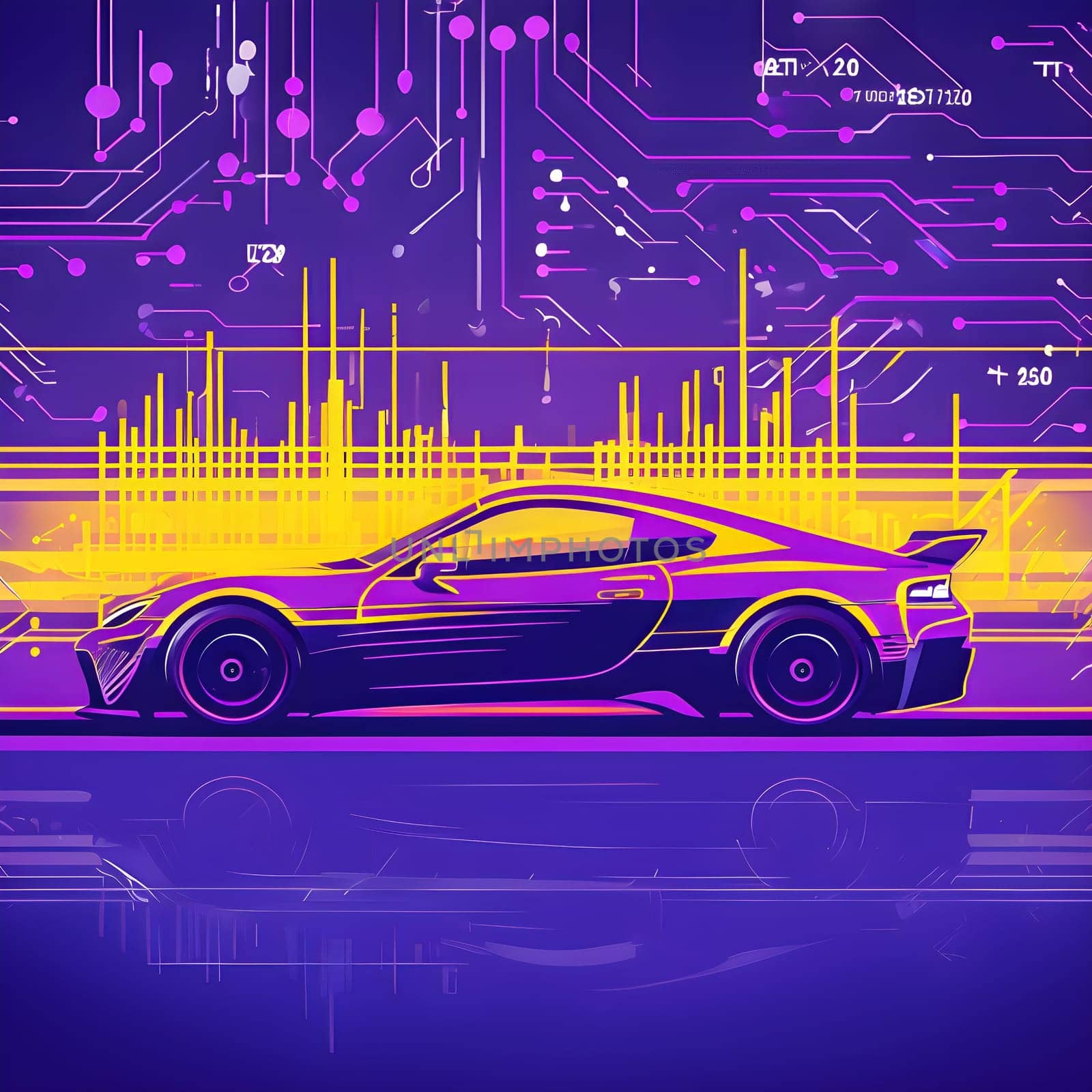 sport car silhouette with vibrant dynamic lines showing motion, surrounded by data streams