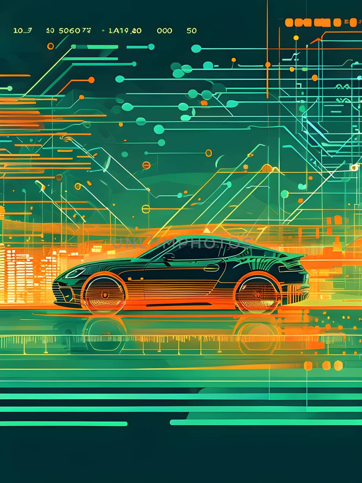 sport car silhouette with vibrant dynamic lines showing motion, surrounded by data streams