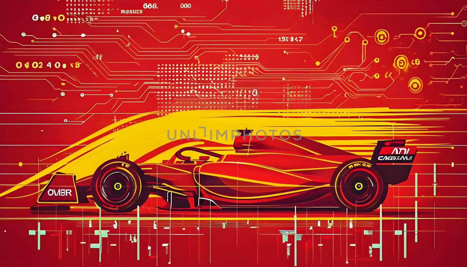 sport car silhouette with vibrant dynamic lines showing motion, surrounded by data streams