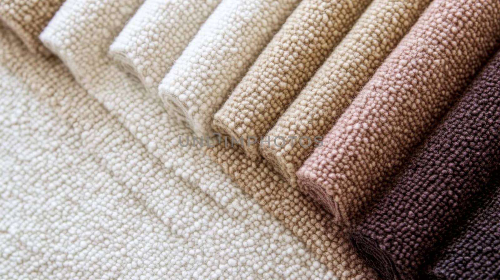 Boucle Fabric samples in various neutral colors close up arranged, texture detail, interior design palette background, AI generated